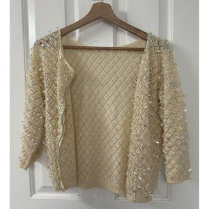 VTG 1950s Sequin Shrug 100% Wool Sweater Cropped Cardigan Bridal Macys Flawed